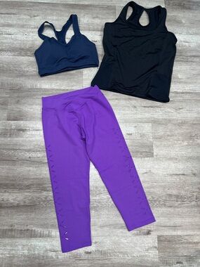 BBrazil Women's Purple Capri Low Rise Yoga Pants Navy Sports Bra Black Top New